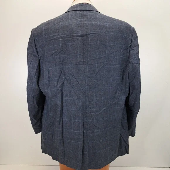 Joseph Feiss Mens 50R Blue Silk Wool Plaid Suit Jacket Blazer Windowpane